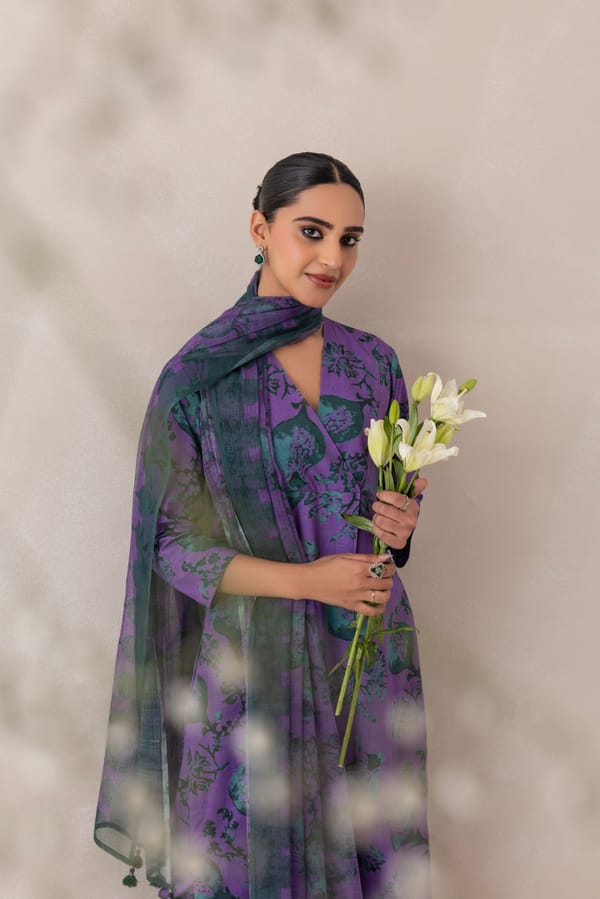 Purple and Green Printed Cotton Slub Kurta Set — CHHIPA JAIPUR