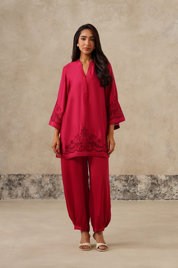 Rani Pink Cutwork Embroidered Kurta and Harem Co-ord Set — INCHING INDIA