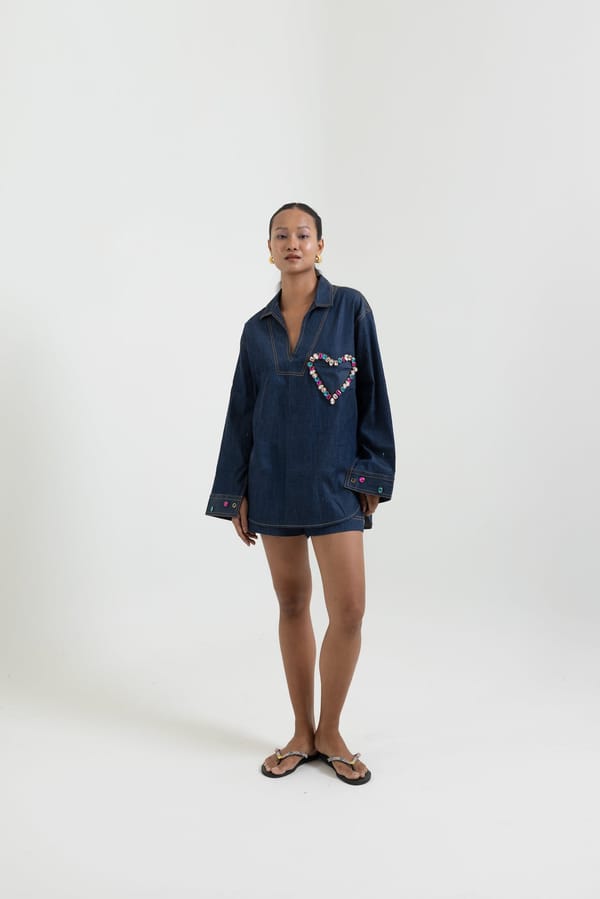 Blue Denim Shirt-Tunic with Gemstone Heart Motif — Label Sugar