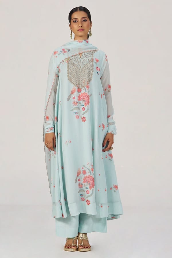 Whispering Blue Georgette Festive Kurta Set — Ganga Fashions Pvt Ltd