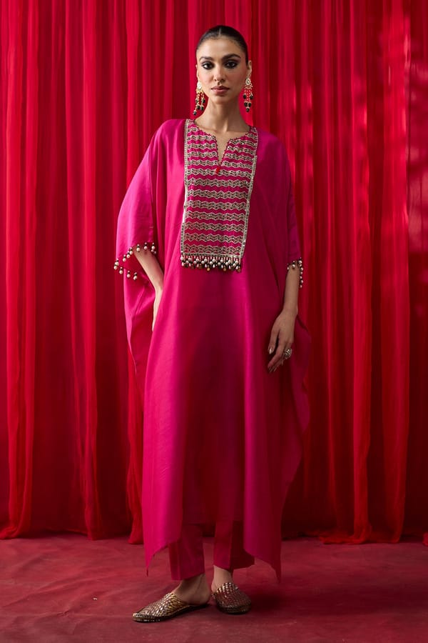 Hot Pink Silk Chanderi Embroidered Kaftan Set — Shikha Mehta