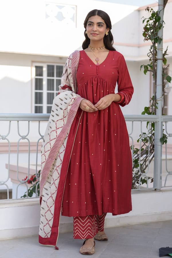 Deep Red Mul Chanderi Alia Cut Mirror Work Set — MAHEE JAIPUR