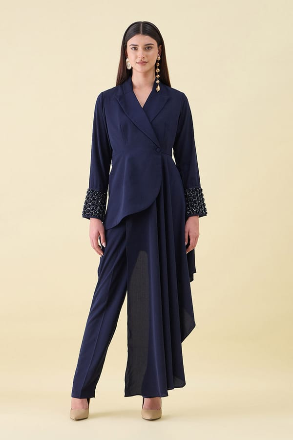 Metallic Embellished Draped Blazer Set — Aakaar