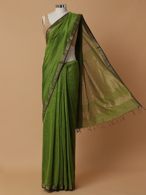Maheshwari Cotton Silk Green Golden Zari Border — BINKS