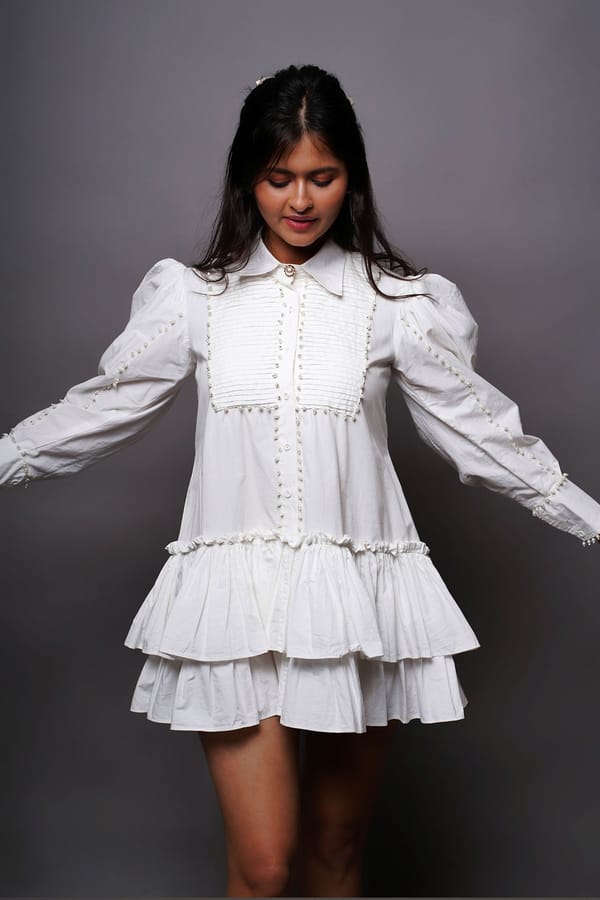 White Tiered Mini Shirt Dress with Pearl Trim — 9899