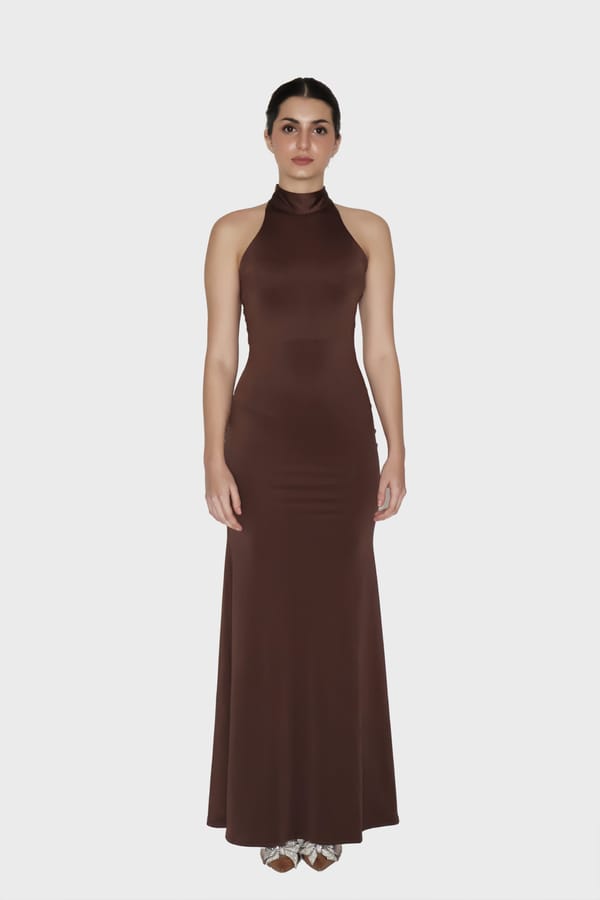 Brown Long Halter Neck Maxi Dress - Ether Dress (Coco) — Select Staples
