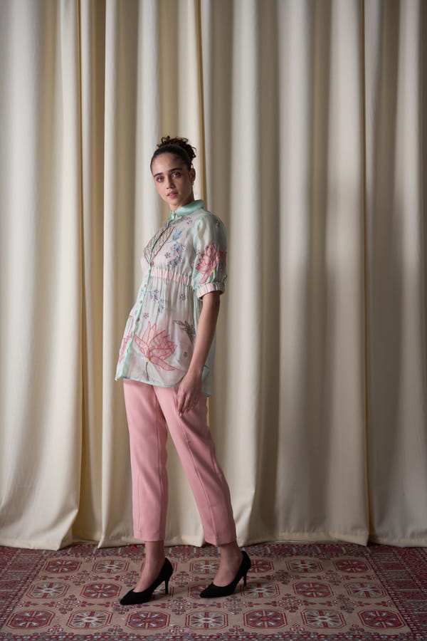 Mint Organza Embroidered Shirt and Pink Pants Co-ord Set — Love Kiki