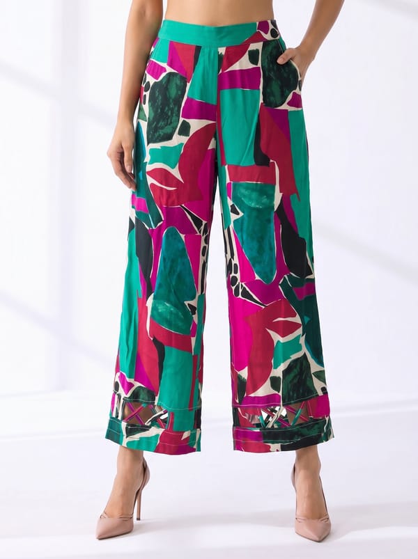 Multicolor Abstract Print Wide-Leg Viscose Trousers — STITCH STORIES