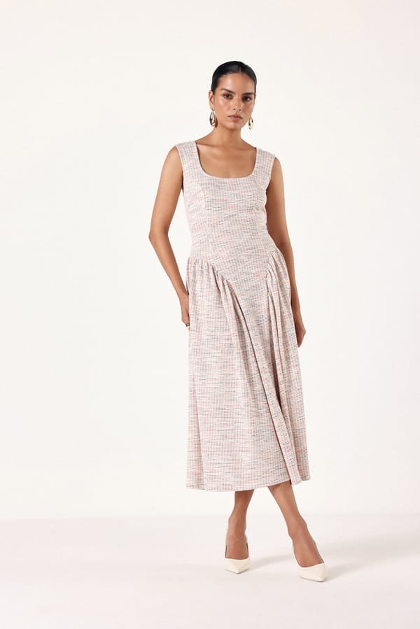 Multicolor Textured Corset Fit and Flare Midi Dress — Muvazo