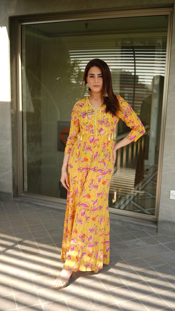 Yellow Printed Crepe Jumpsuit with Embellished Yoke — BUMBLEBEE