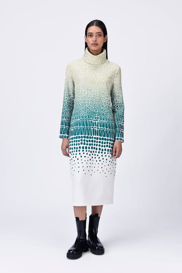 Clay-Green Turtle Neck Maxi Dress with Ombre Abstract Print — Genes Lecoanet Hemant