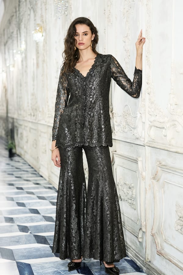 Pewter Metallic Lace Peplum Top with V-Neck — Dash and Dot