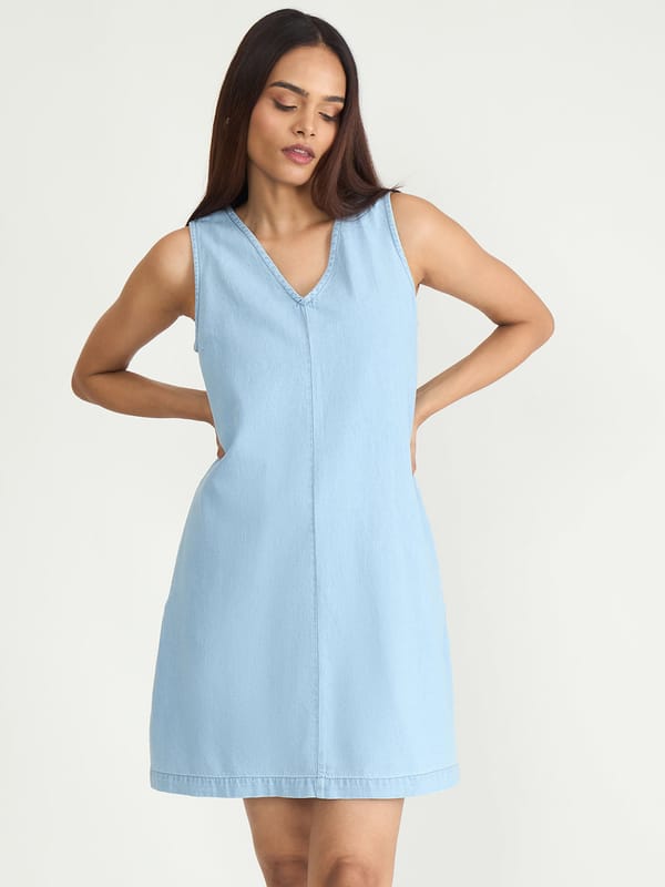 DenimLite Ice Blue A-Line Mini Dress — Femmella