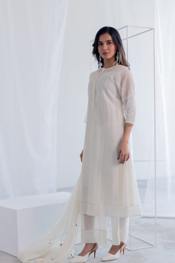 Off White Chanderi Polka Dot Kurta Pant Set with Slip — Silai studio