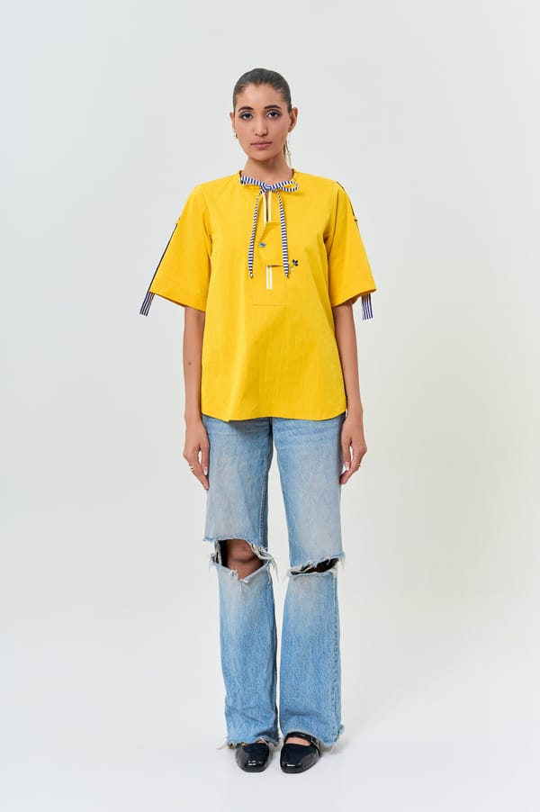 Yellow Cotton Boxy Top with Striped Tie-Up Neck — KOR