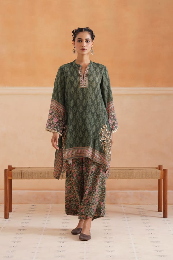 Forest Green Printed Kurta and Wide-Leg Pants Co-ord Set — NEETIKA CHOPRA