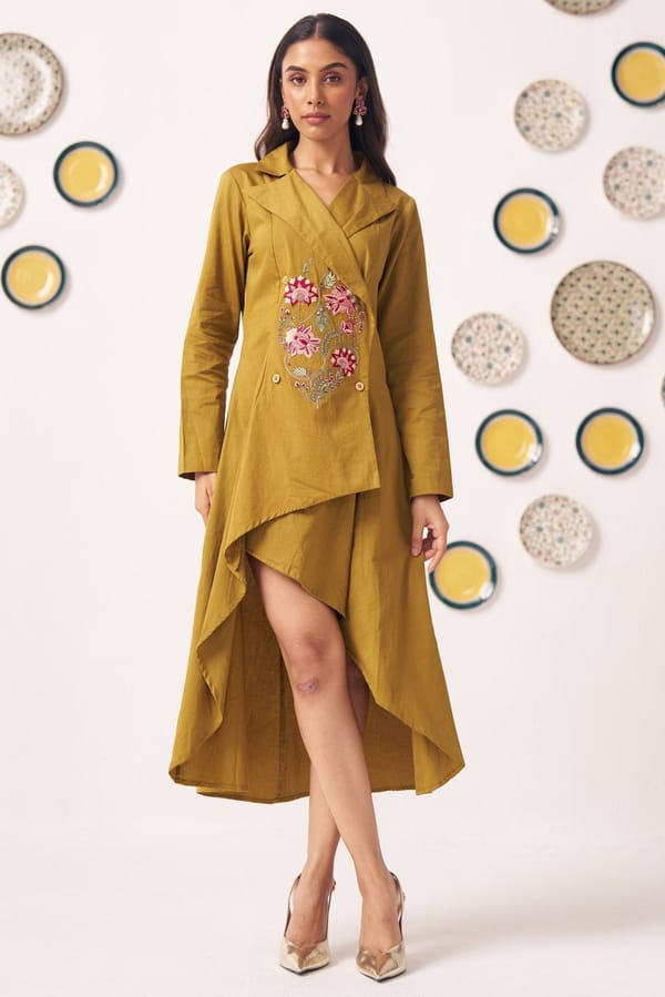 Mustard Embroidered Wrap-Front High-Low Midi Dress — Western Era