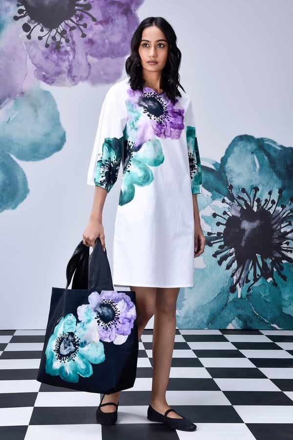White Green Floral Print Knee-Length Shift Dress — Genes Lecoanet Hemant