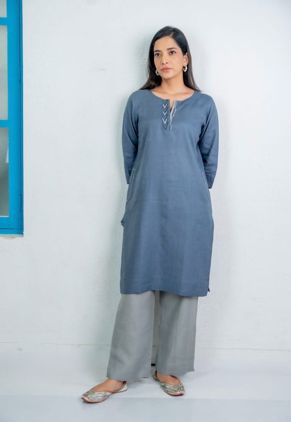 Space Blue-Grey Linen Kurta Set with Grey Pants — SIARA WOMEN