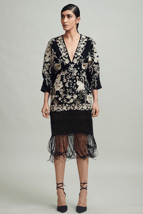 Black Embroidered Fringe Hem Midi Dress — Dash and Dot