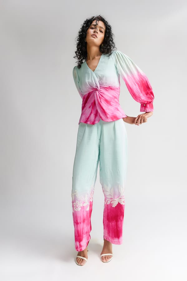 Mint Pink Pleated Embroidered Coord Set — Itara an another
