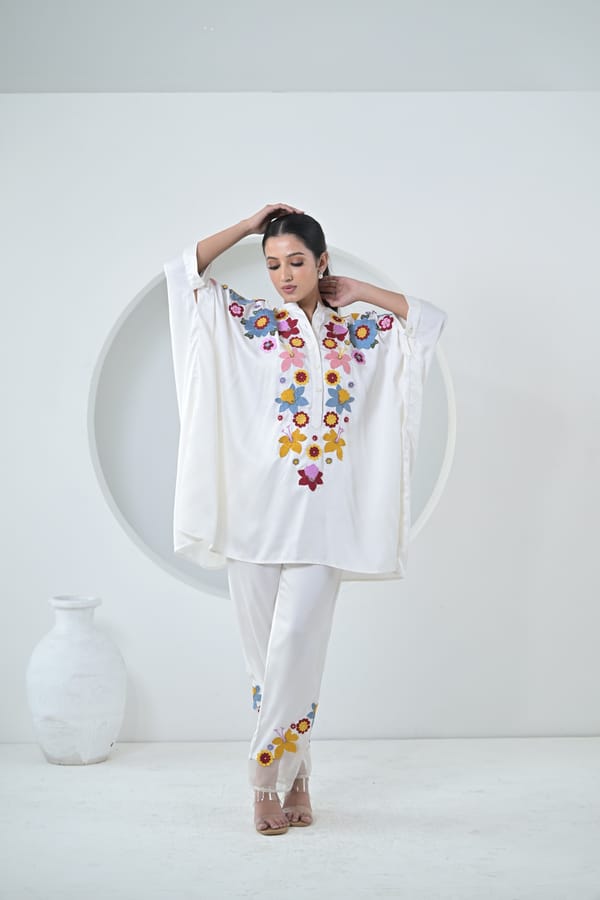 White Satin Embroidered Kaftan and Pant Co-ord Set — RUCHIKA MALLIKA LABEL