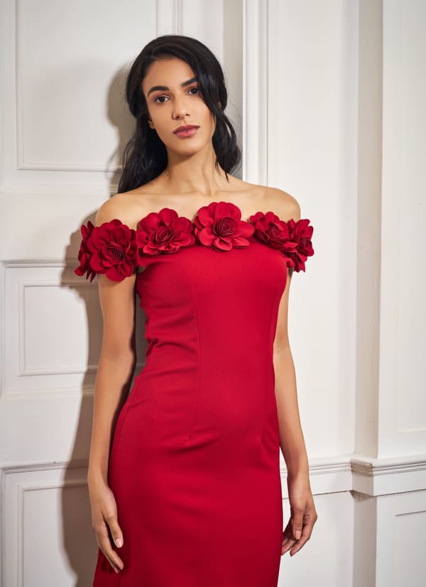 Red Rosette Off-Shoulder Mini Dress — Weaving Cult