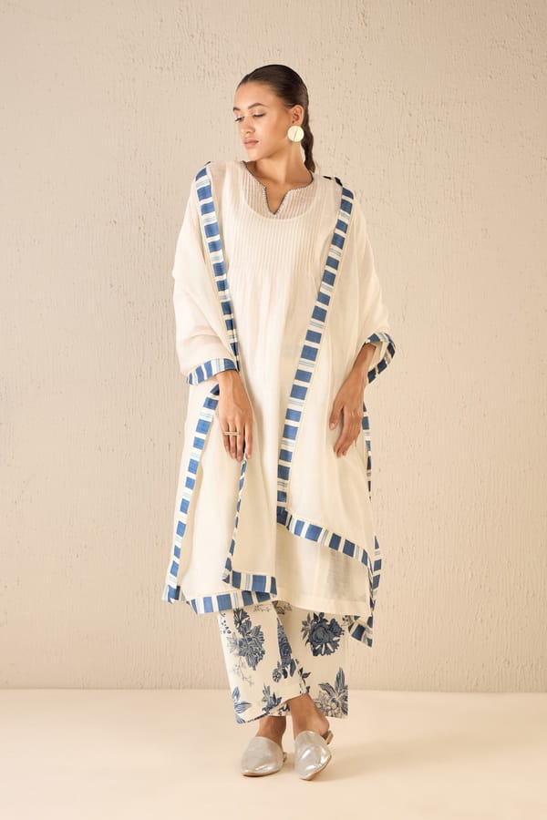 Meadow Stripes: Blue Stripe Border Dupatta — SHIVANI BHARGAVA