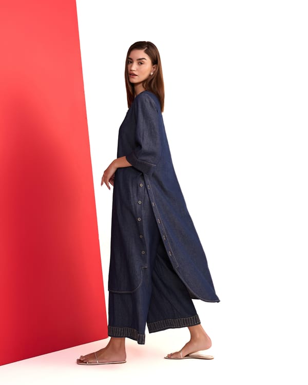 Denim Blue V-Neck Straight Kurta and Pant Set — AUR