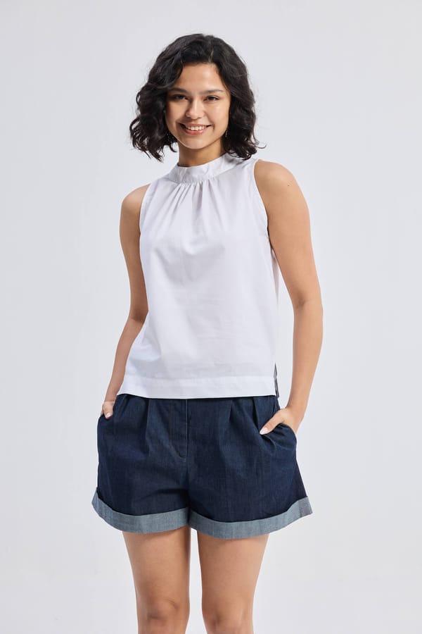 High-Neck Top with Gathers in White — REISTOR