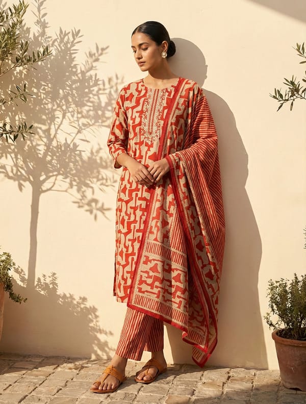 Abstract Print Embroidered Kurta Pant Dupatta Set — Truebrowns