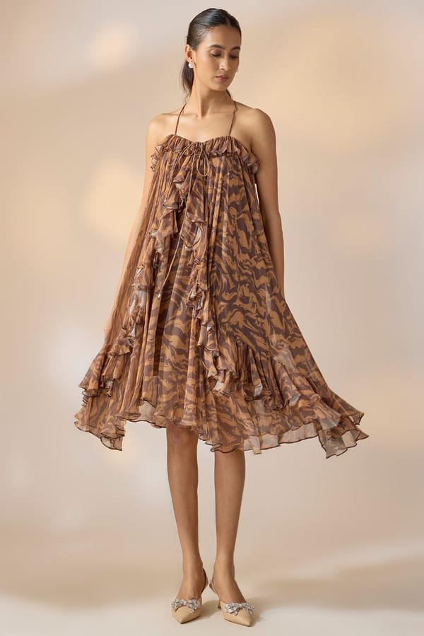 Brown Marble Print Ruffle Smock Dress — EWOKE STUDIO