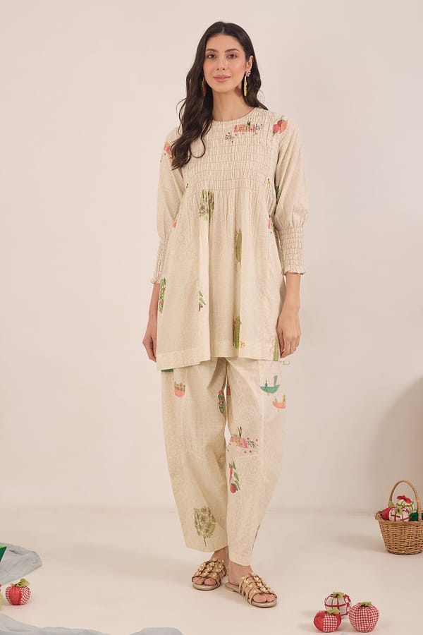 Cream Printed Cotton Tunic and Straight Pants Co-ord Set — SHIVANI BHARGAVA