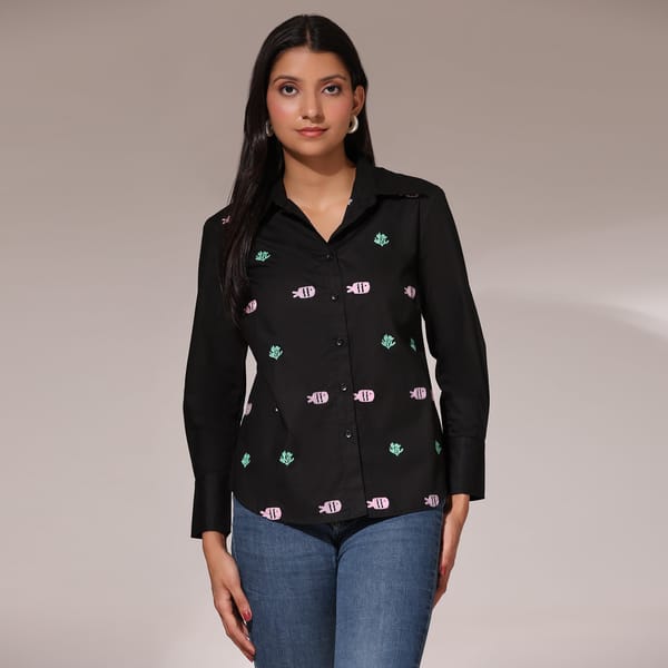 Black Cotton Fish Embroidered Button-Down Shirt — Brand New Brand