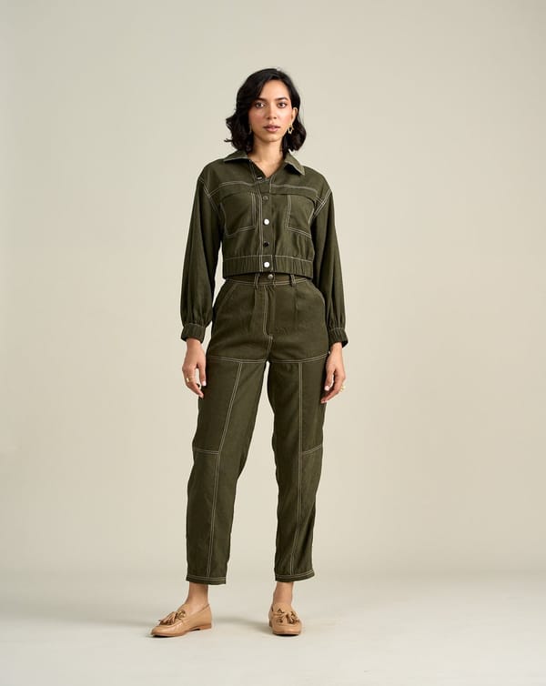 Olive Cropped Utility Jacket with Contrast Stitching — Style Island