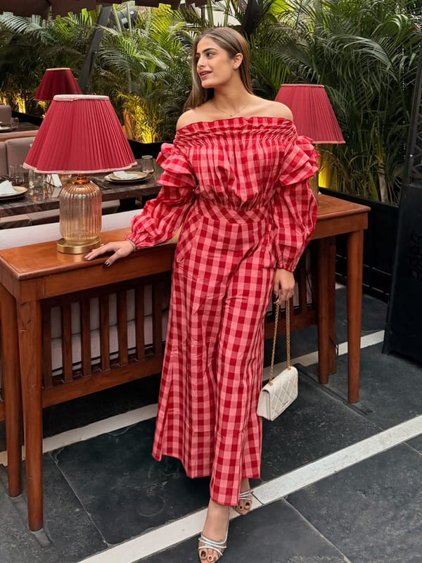 Pink Checked Off-Shoulder Smocked Jumpsuit — HOUSE OF FETT