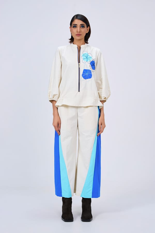 Ivory Zip-Front Co-ord Set with Blue Applique — KOR