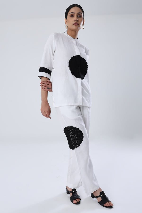 White Hemp Co-ord Set with Black Dori Circle Detail — SHIBUI