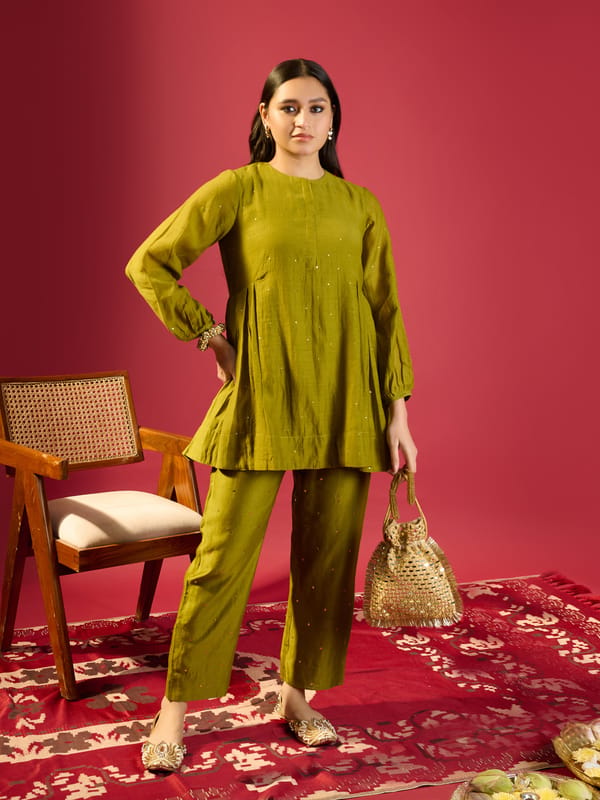 Mehendi Green Chanderi Co-ord Set — KOMAL SHAH