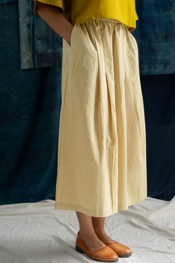 Mustard Striped Cotton Culottes with Elasticated Waist — Vraj Bhoomi