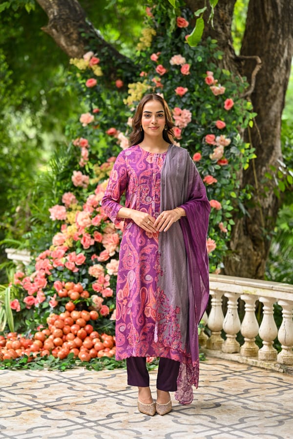 Purple Paisley Pure muslin Suit Set with Zari Thredle work and Shaded Cut work Dupatta-SET OF-3 — MAHEE JAIPUR