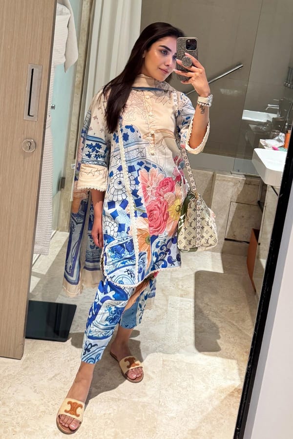Beige/Blue Printed Cotton Lawn Suit Set — Rainas