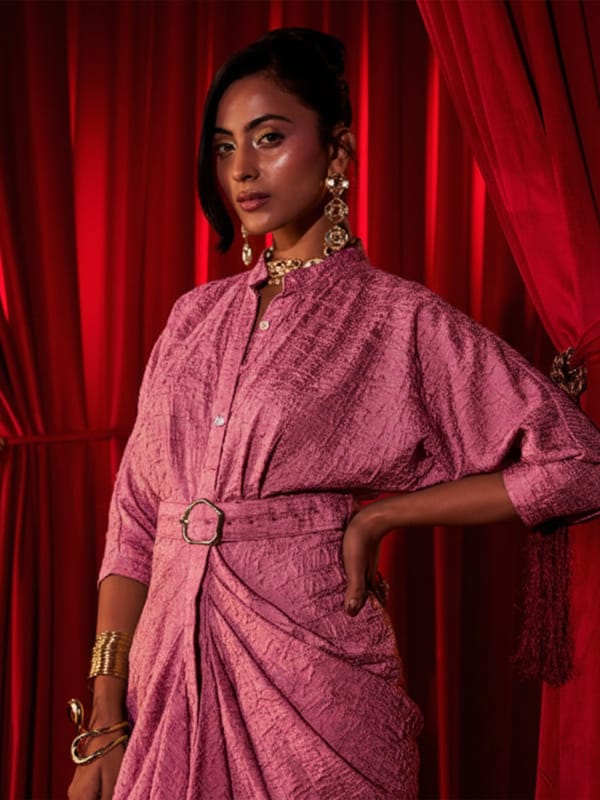 Pink Textured Satin Ruched Maxi Dress with Mandarin Collar — HOUSE OF FETT