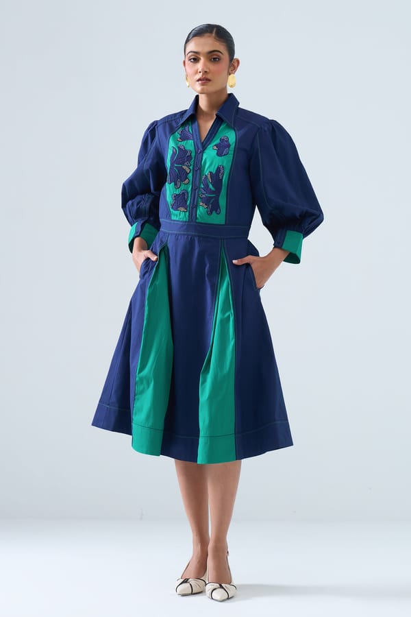 Blue/Green Colorblocked Midi Shirt Dress with Embroidered Yoke — STITCH STORIES