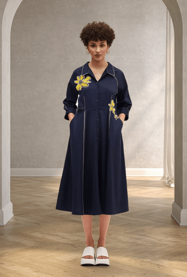 Navy Cotton Applique Embroidered Midi Shirt Dress — Our Love