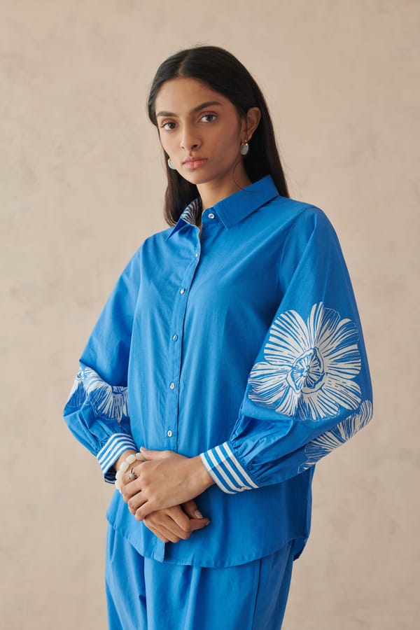 Blue Cotton Shirt with Floral Sleeve Placement Print — ROHO