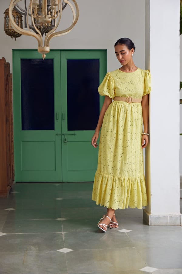 Mahieka Sharma in Goldenaster Midi Dress — Calling June