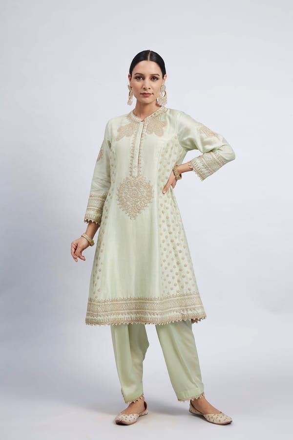 Mint Green Tilla Embroidered Chanderi Kurta Set — Sheetal Batra