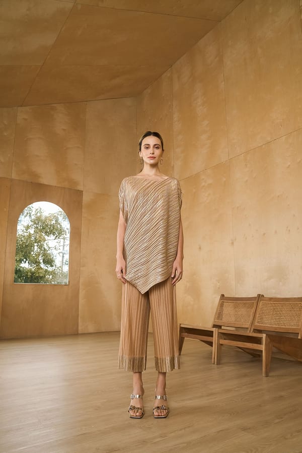 Gold Metallic Pleated Top and Culotte Co-ord Set — Pleats by Aruni