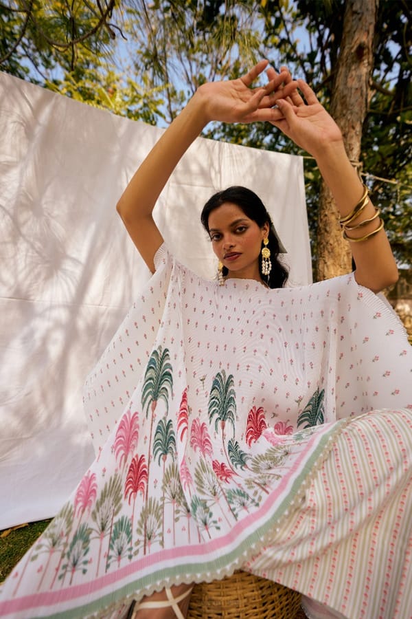 Ivory Pleated Printed Kimono Cape — Moh India